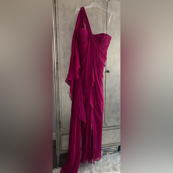 Marchesa Notte Silk One-Shoulder Grecian Gown - Picture 3 of 14